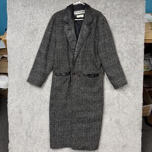 Vintage 90s Dual Control Coat S Gray Wool Tweed Long Overcoat Leather Trim Lined